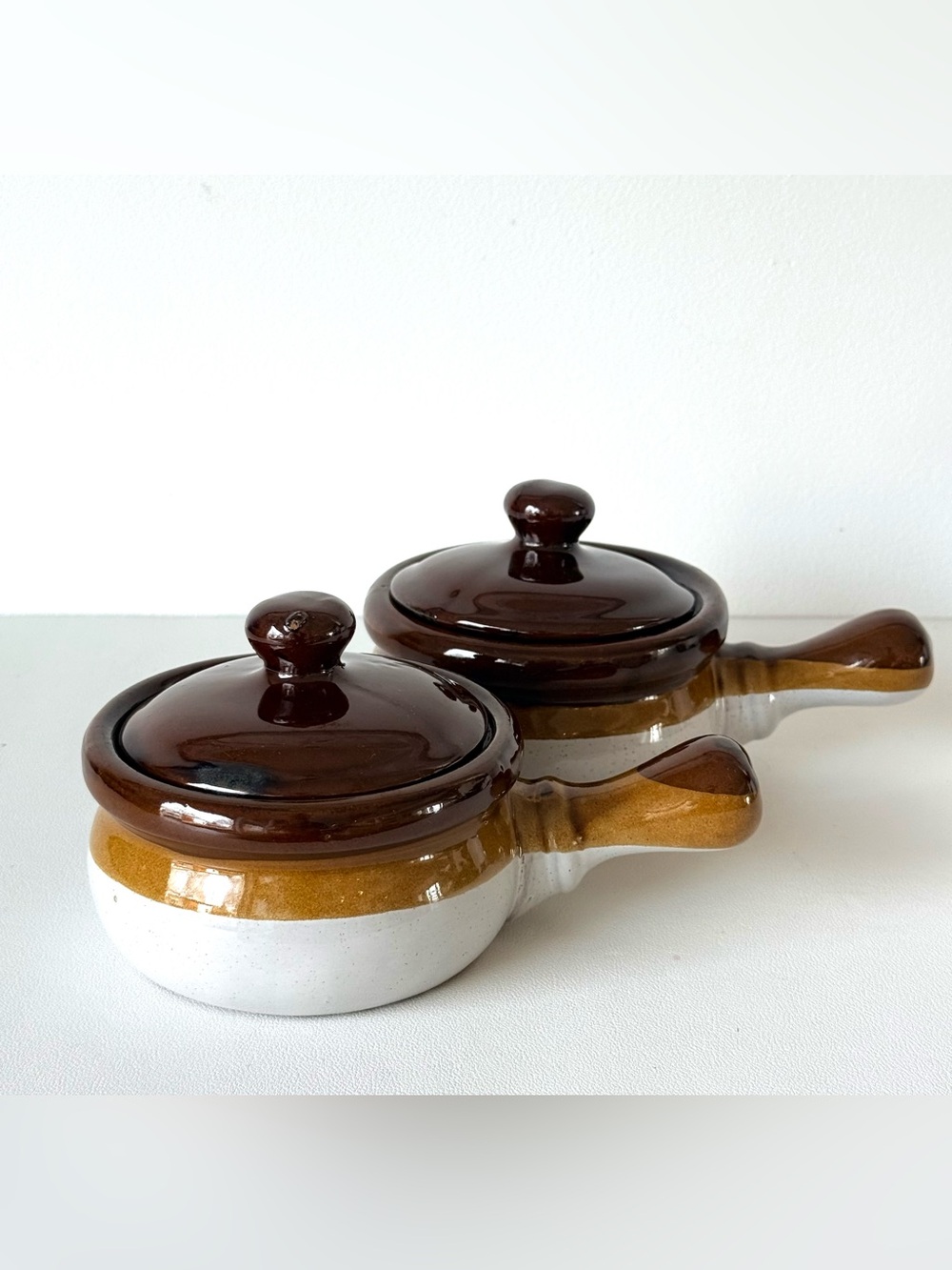 Vintage Mid Century Stoneware Mini Covered Casserole Pots Soup Crocks Set 2